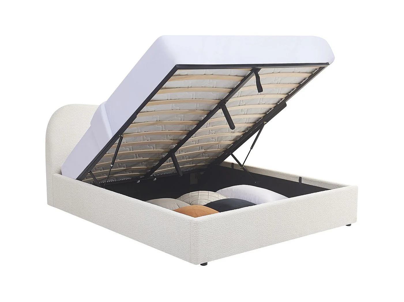 Lit coffre adulte 160x200 cm avec tête de lit matelassée en tissu bouclé beige - Suzon