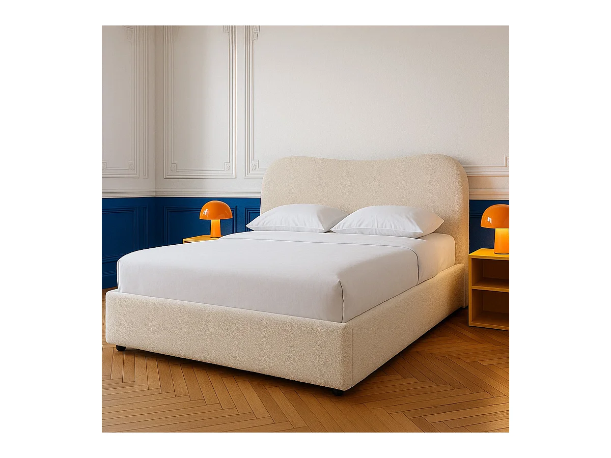 Lit coffre adulte 160x200 cm avec tête de lit matelassée en tissu bouclé beige - Suzon