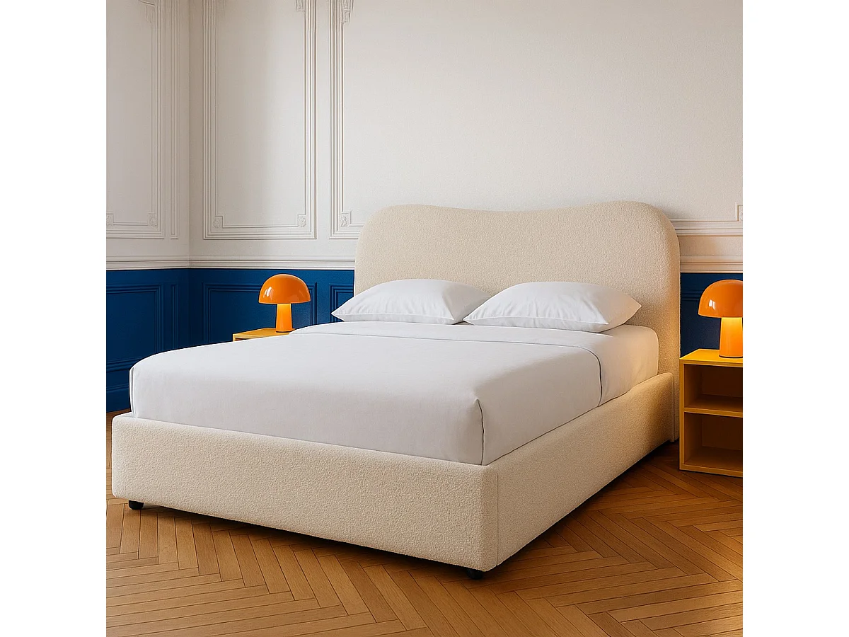 Lit coffre adulte 160x200 cm avec tête de lit matelassée en tissu bouclé beige - Suzon