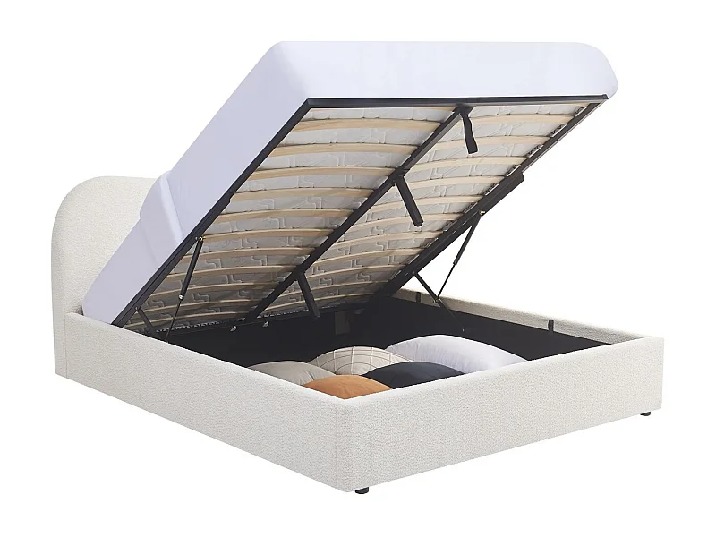 Lit coffre adulte 160x200 cm avec tête de lit matelassée en tissu bouclé beige - Suzon