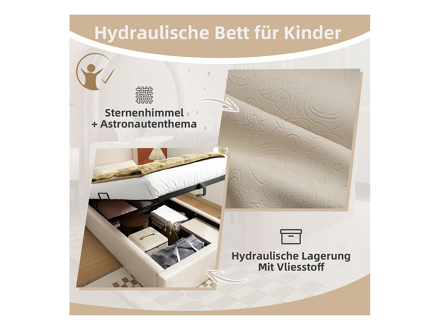 Gepolstertes Kinderbett, Einzelbett mit kosmischem Muster, 90 x 200 cm, beige, PU