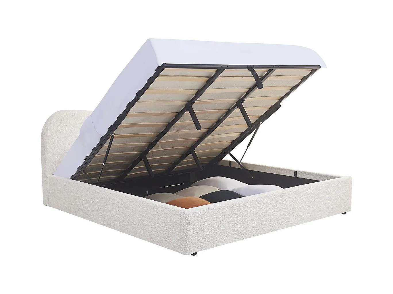 Lit coffre adulte 180x200 cm avec tête de lit matelassée en tissu bouclé beige - Suzon