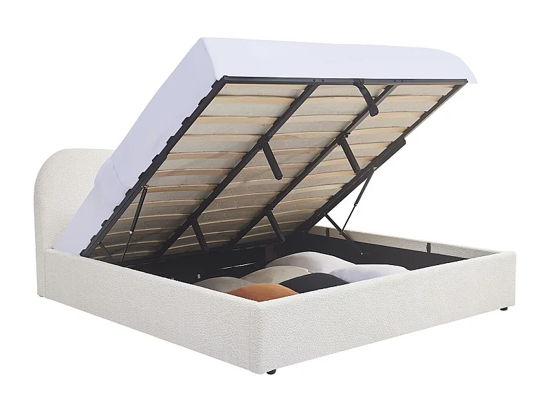 Lit coffre adulte 180x200 cm avec tête de lit matelassée en tissu bouclé beige - Suzon