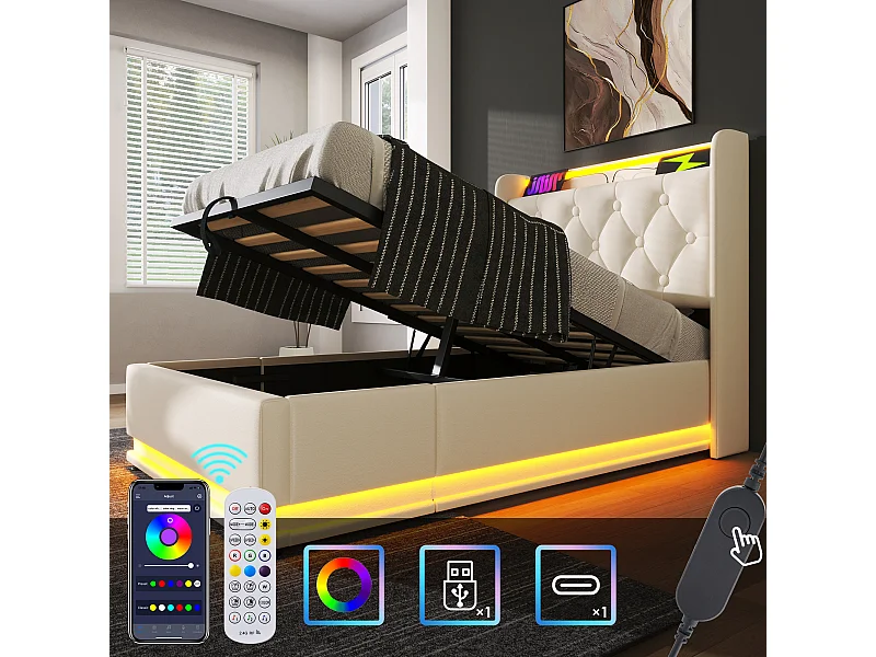 Cama individual tapizada con función LED 360° y control remoto por pulsador/app, 90 x 200 cm.