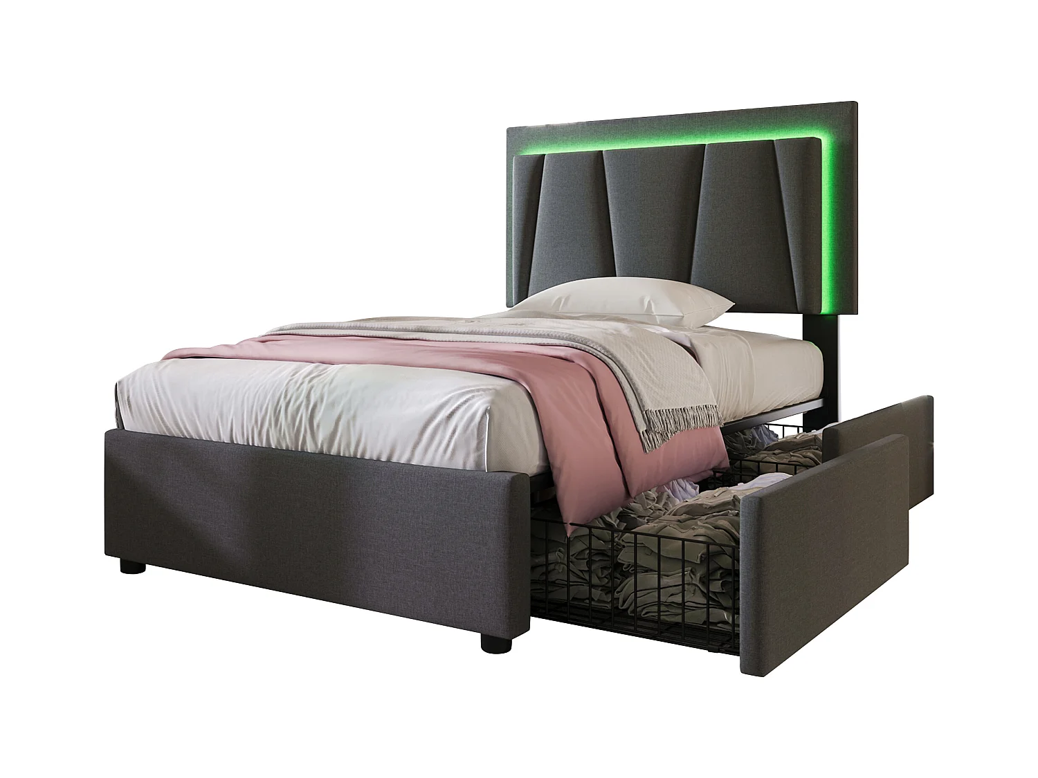 Polsterbett mit LED-Beleuchtung und 2 Schubladen, Einzelbett 90 x 200 cm