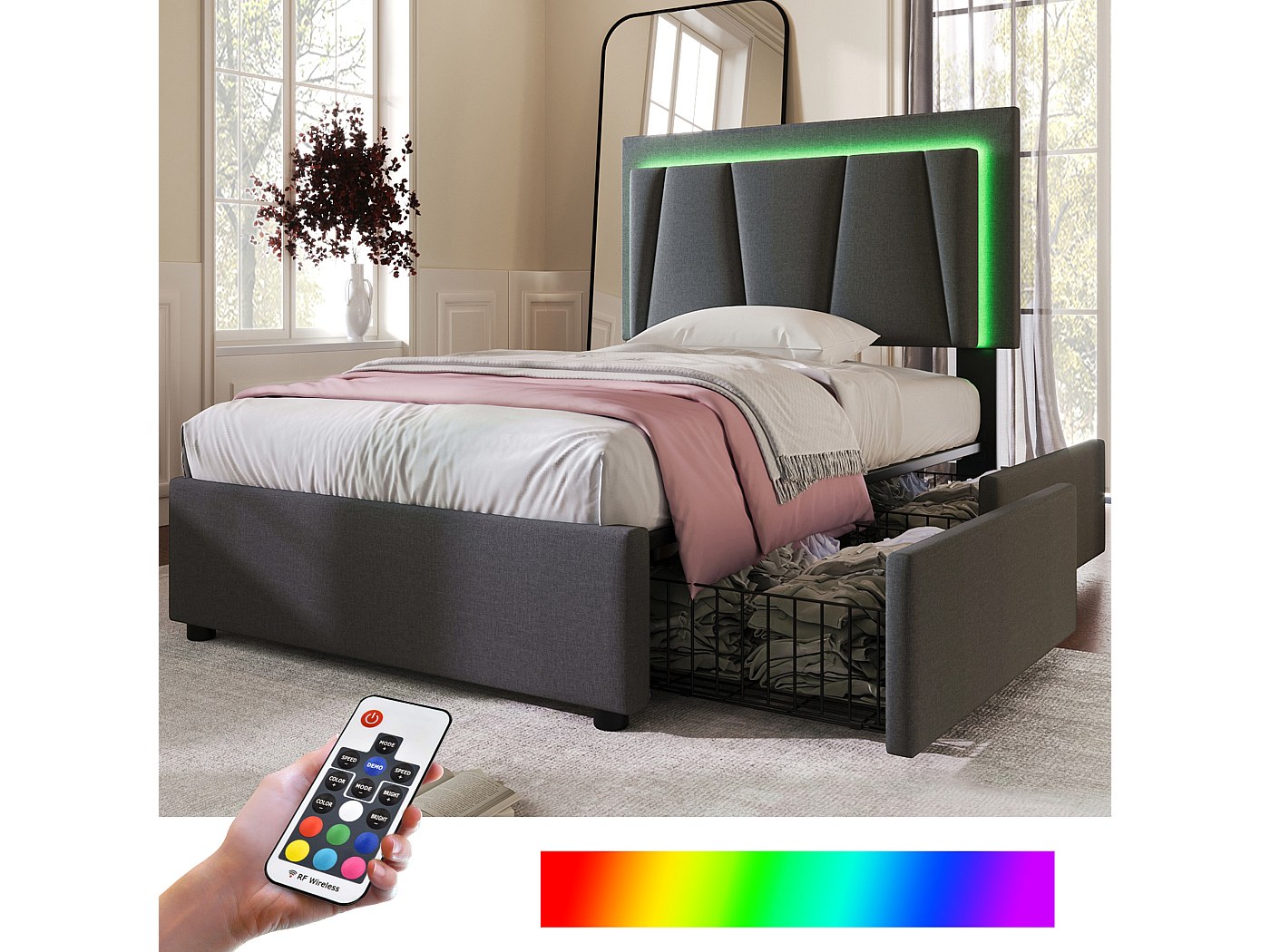 Callicarpa Letto Imbottito Singolo 90x200 Cm Con Luci LED RGB, Cassetti E Testiera Regolabile – Struttura In Acciaio, Bianco