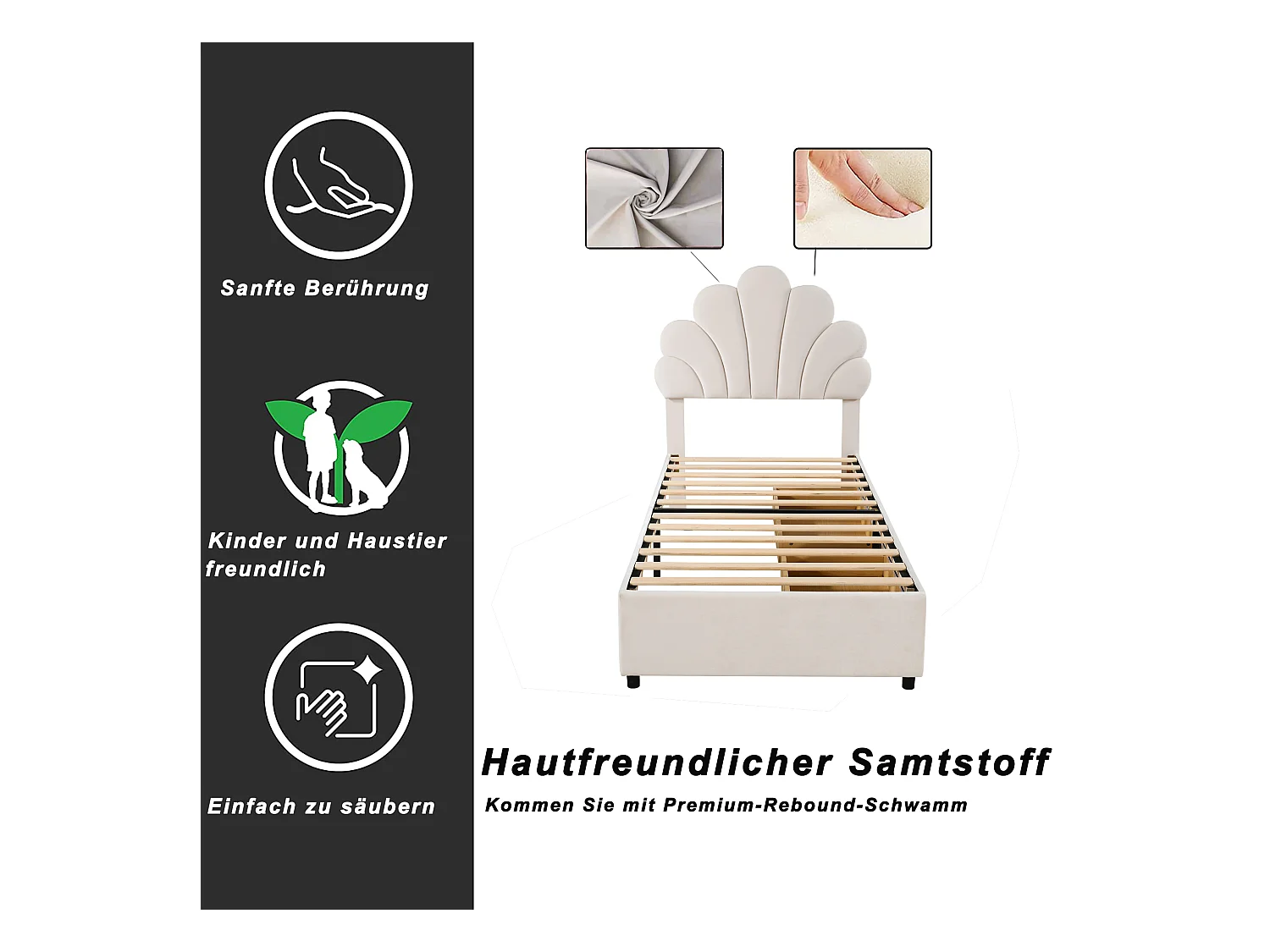 Polsterbett 90 x 200 cm, Bettrahmen mit Blumenkopfteil