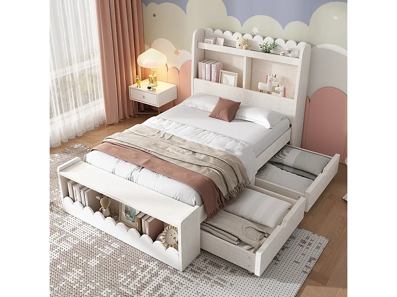 Lit simple enfant avec tiroirs,étagère et banc avec rangement,lit en bois 90x190 cm