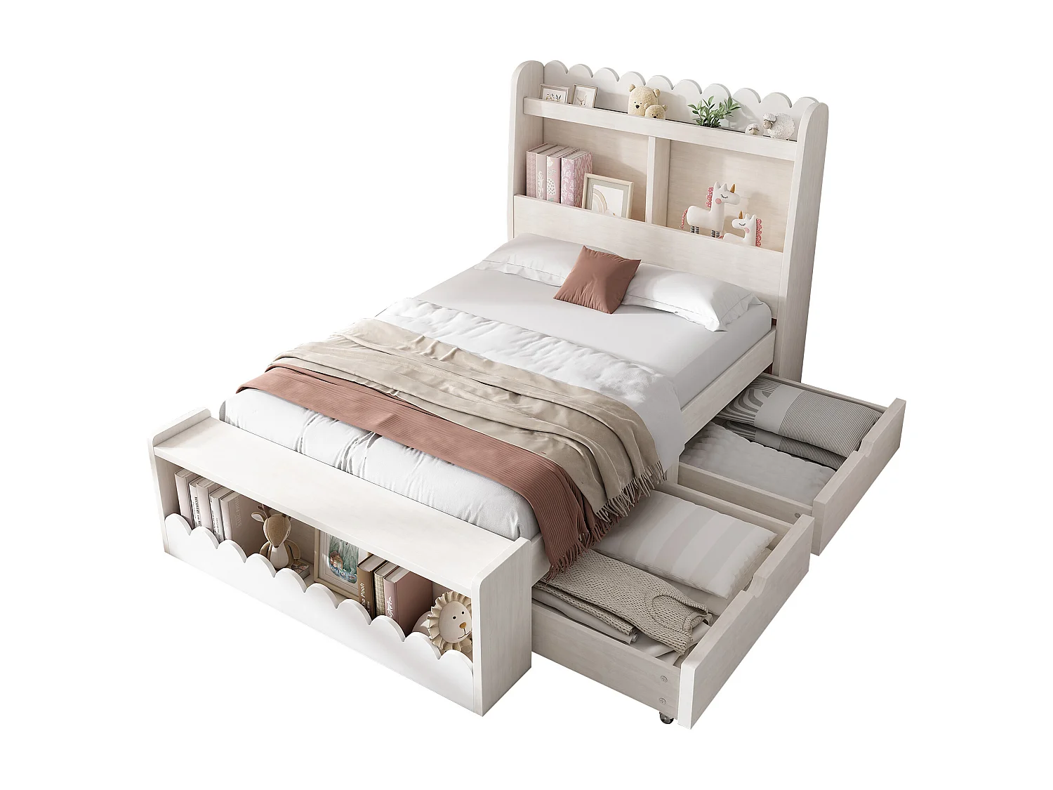 Lit simple enfant avec tiroirs,étagère et banc avec rangement,lit en bois 90x190 cm