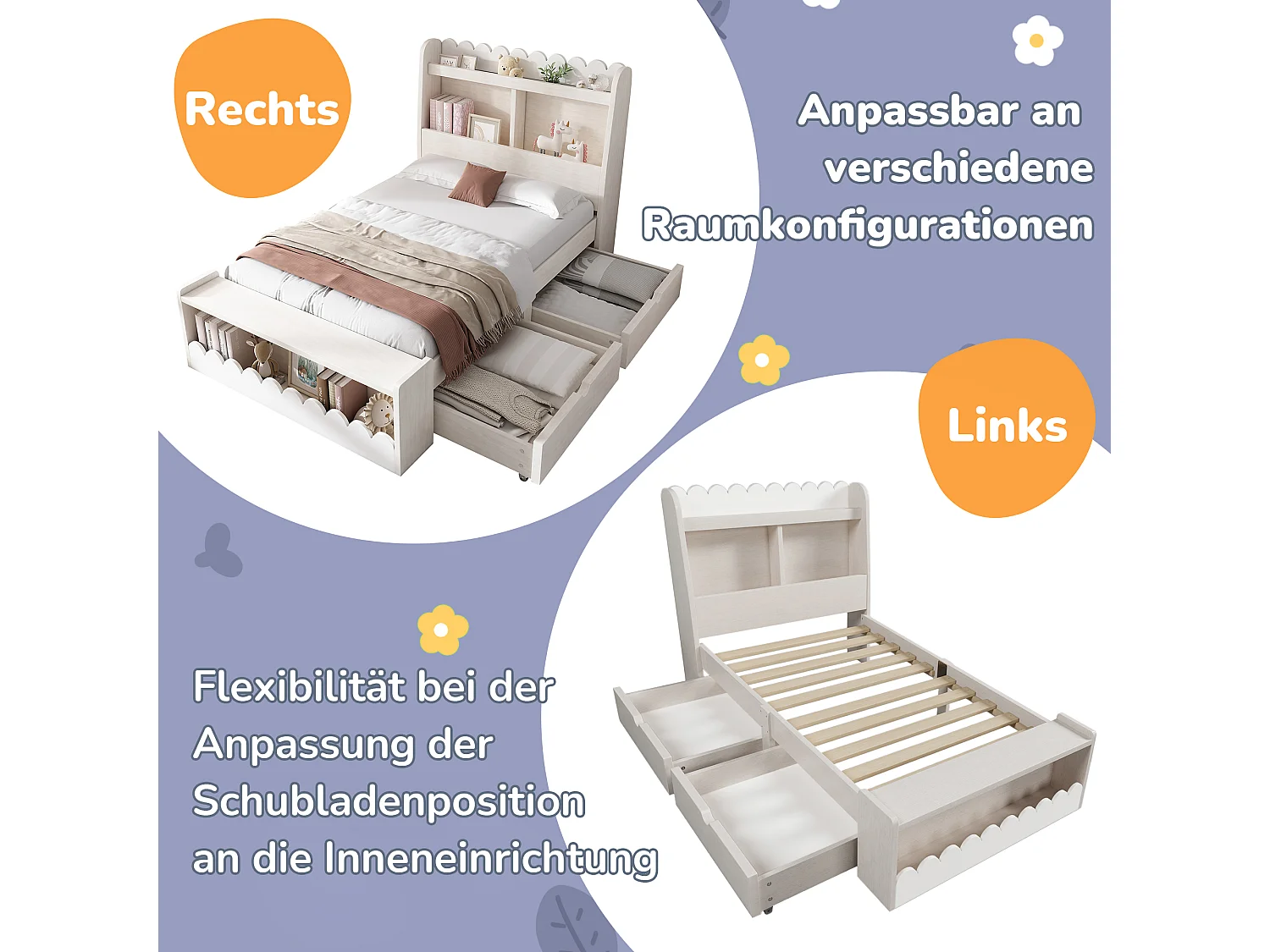 Lit simple enfant avec tiroirs,étagère et banc avec rangement,lit en bois 90x190 cm