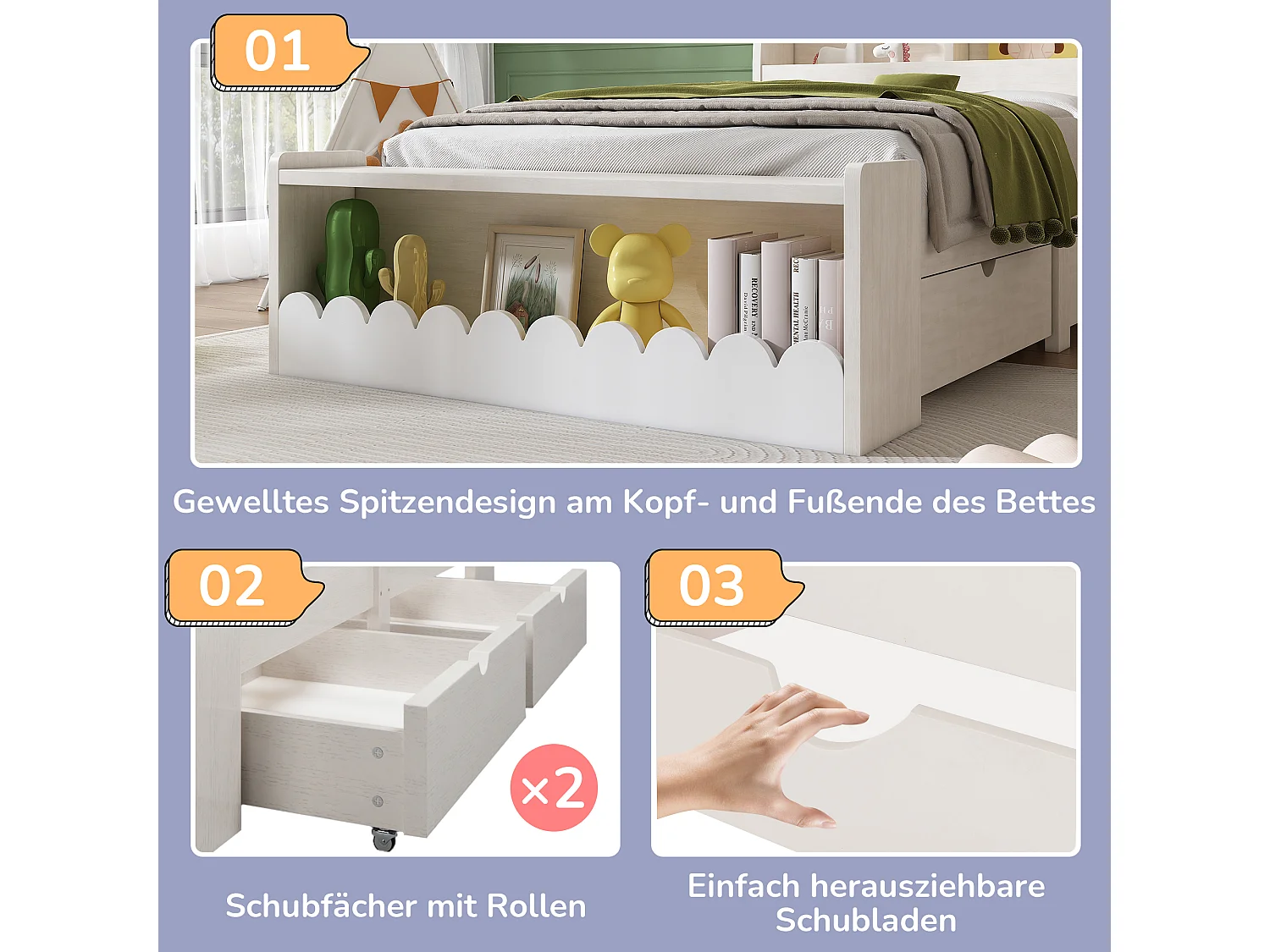 Cama individual infantil con cajones, estante y banco con almacenaje, cama de madera de 90 x 190 cm