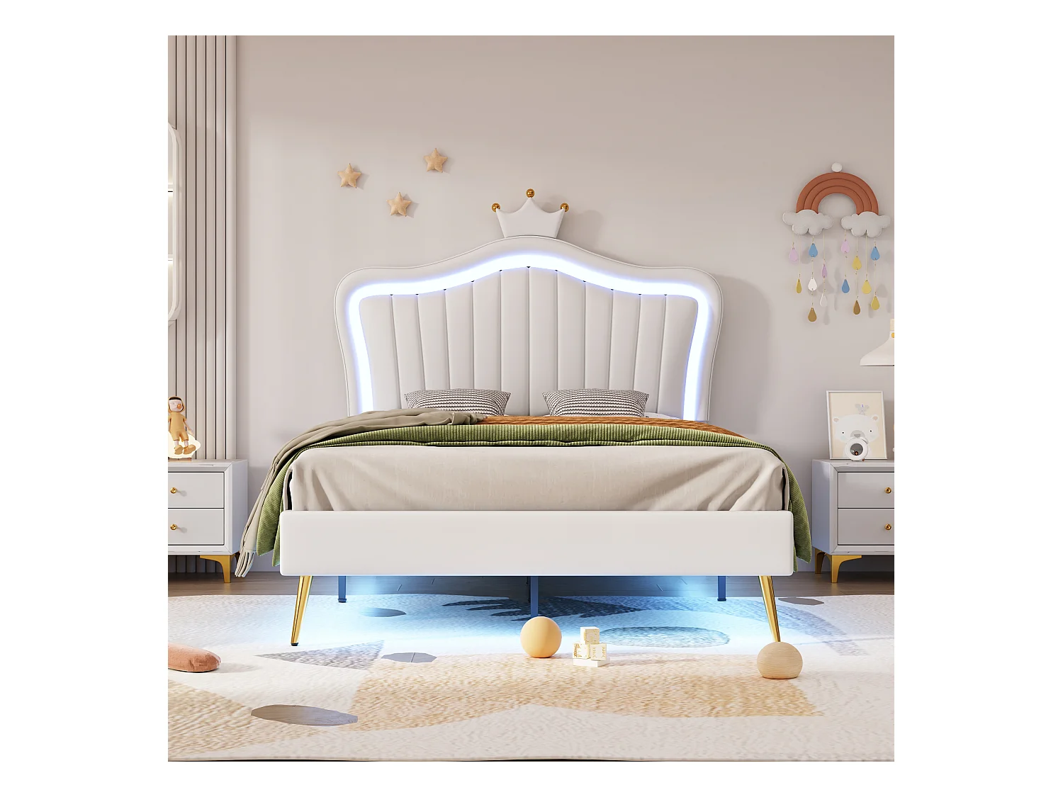 Cama infantil tapizada de 90 x 200 cm, estructura de cama para niñas, estructura de cama doble con corona blanca