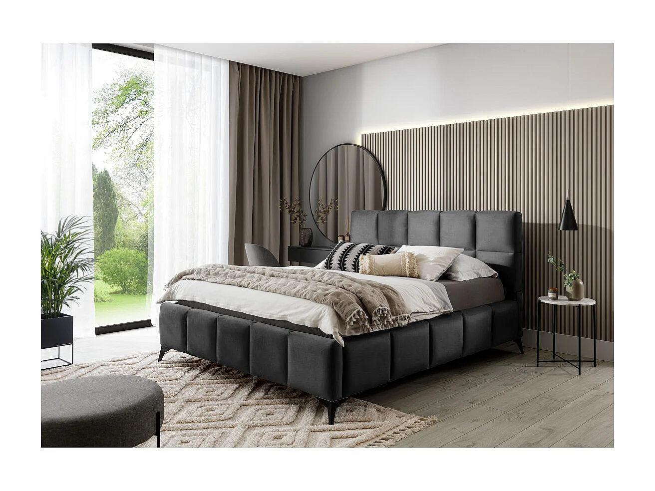 Cadre de lit JANA avec coffre en velours - Gris anthracite