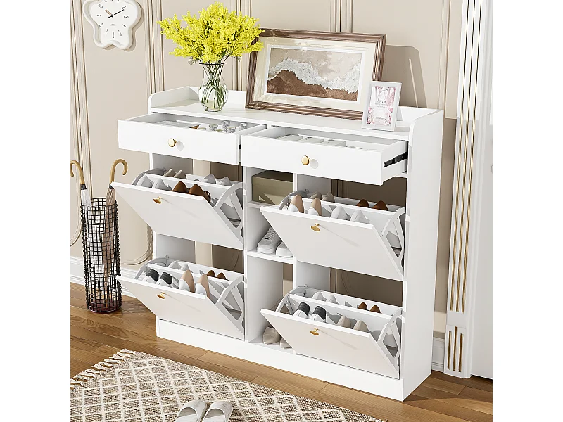 Elegante zapatero con 4 puertas abatibles, 2 cajones, 3 compartimentos abiertos, color blanco