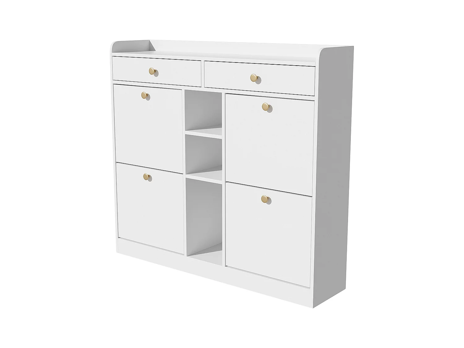 Elegante zapatero con 4 puertas abatibles, 2 cajones, 3 compartimentos abiertos, color blanco