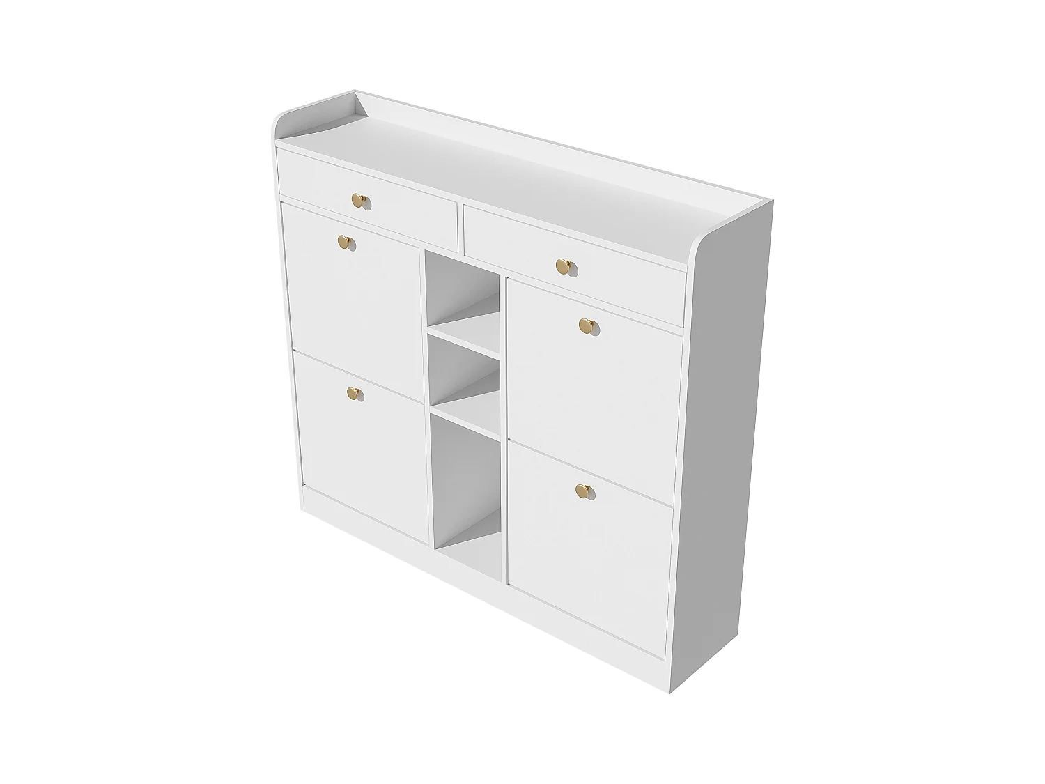 Elegante zapatero con 4 puertas abatibles, 2 cajones, 3 compartimentos abiertos, color blanco