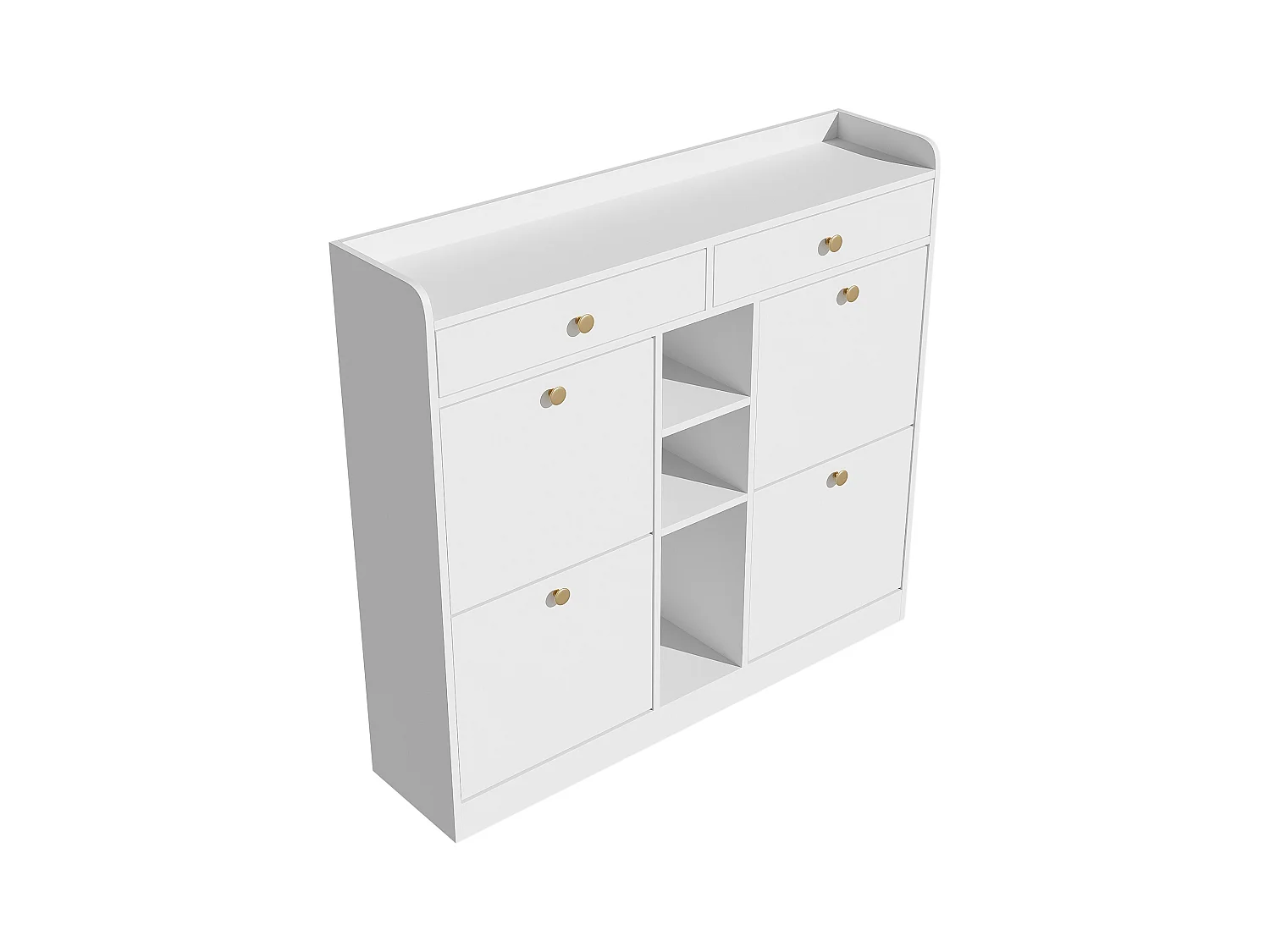 Elegante zapatero con 4 puertas abatibles, 2 cajones, 3 compartimentos abiertos, color blanco