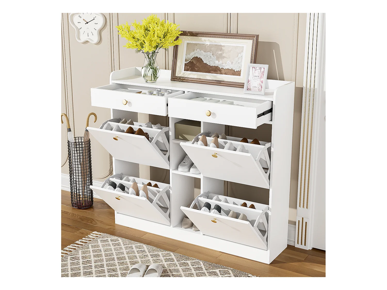 Meuble à chaussures élégant avec 4 portes battantes, 2 tiroirs, 3 compartiments ouverts, blanc