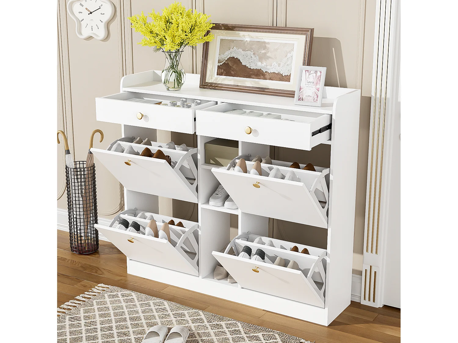 Meuble à chaussures élégant avec 4 portes battantes, 2 tiroirs, 3 compartiments ouverts, blanc