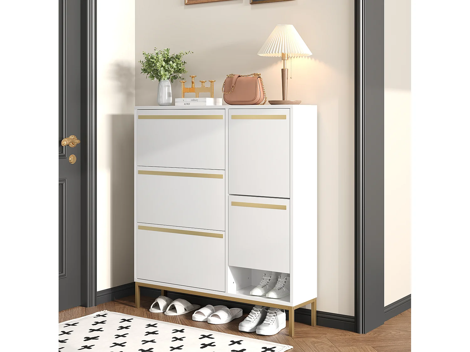 Armoire à Chaussures avec Tabouret à Langer étagère à Chaussures avec 3 Rabats , Blanc