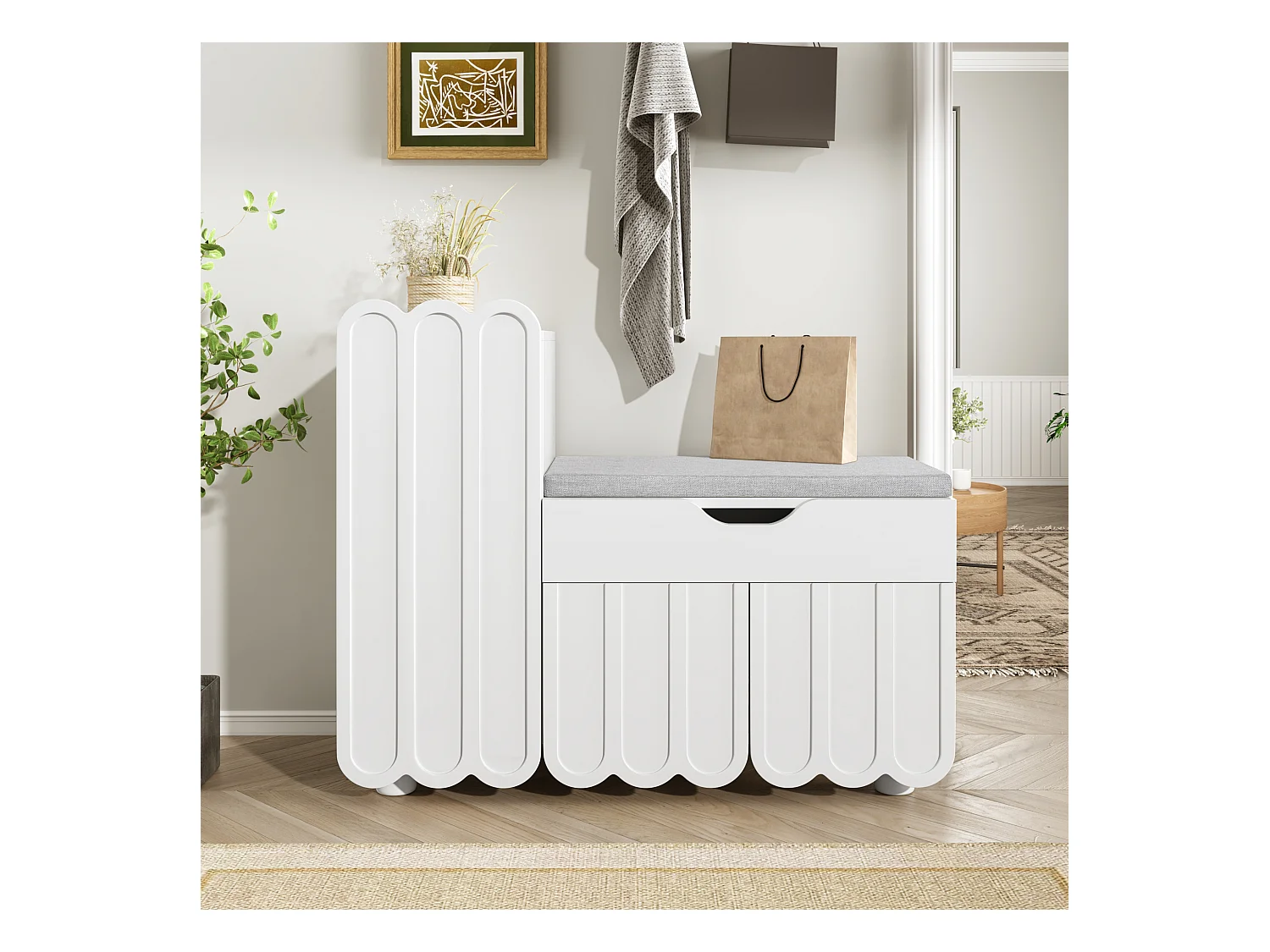 Banc à Chaussures en Bois Moderne, Meuble de Rangement avec Portes et étagères réglables, blanc