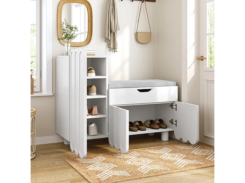 Banc à Chaussures en Bois Moderne, Meuble de Rangement avec Portes et étagères réglables, blanc