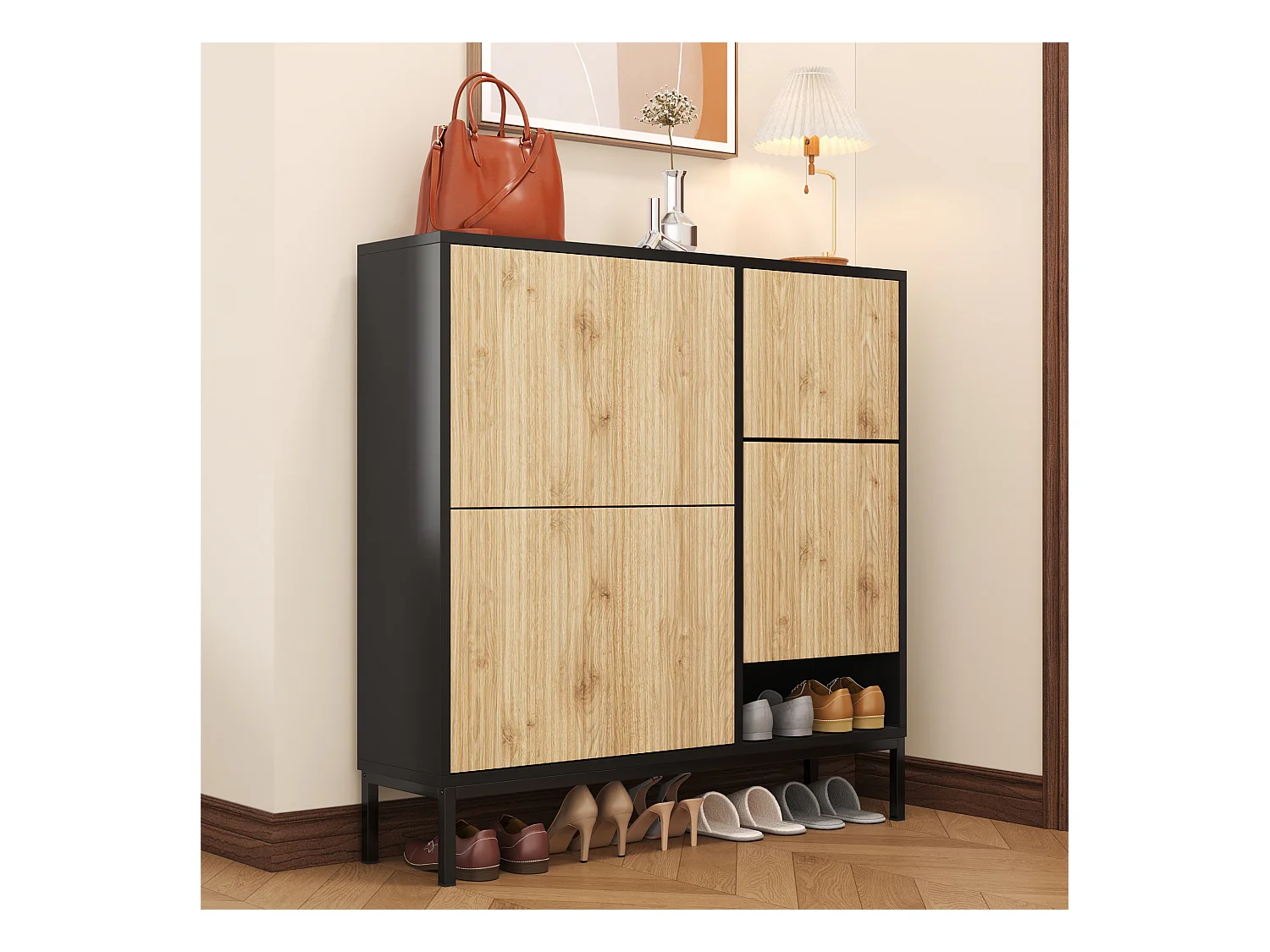 Armoire à Chaussures avec Tabouret à Langer étagère à Chaussures avec 3 Rabats , Noir