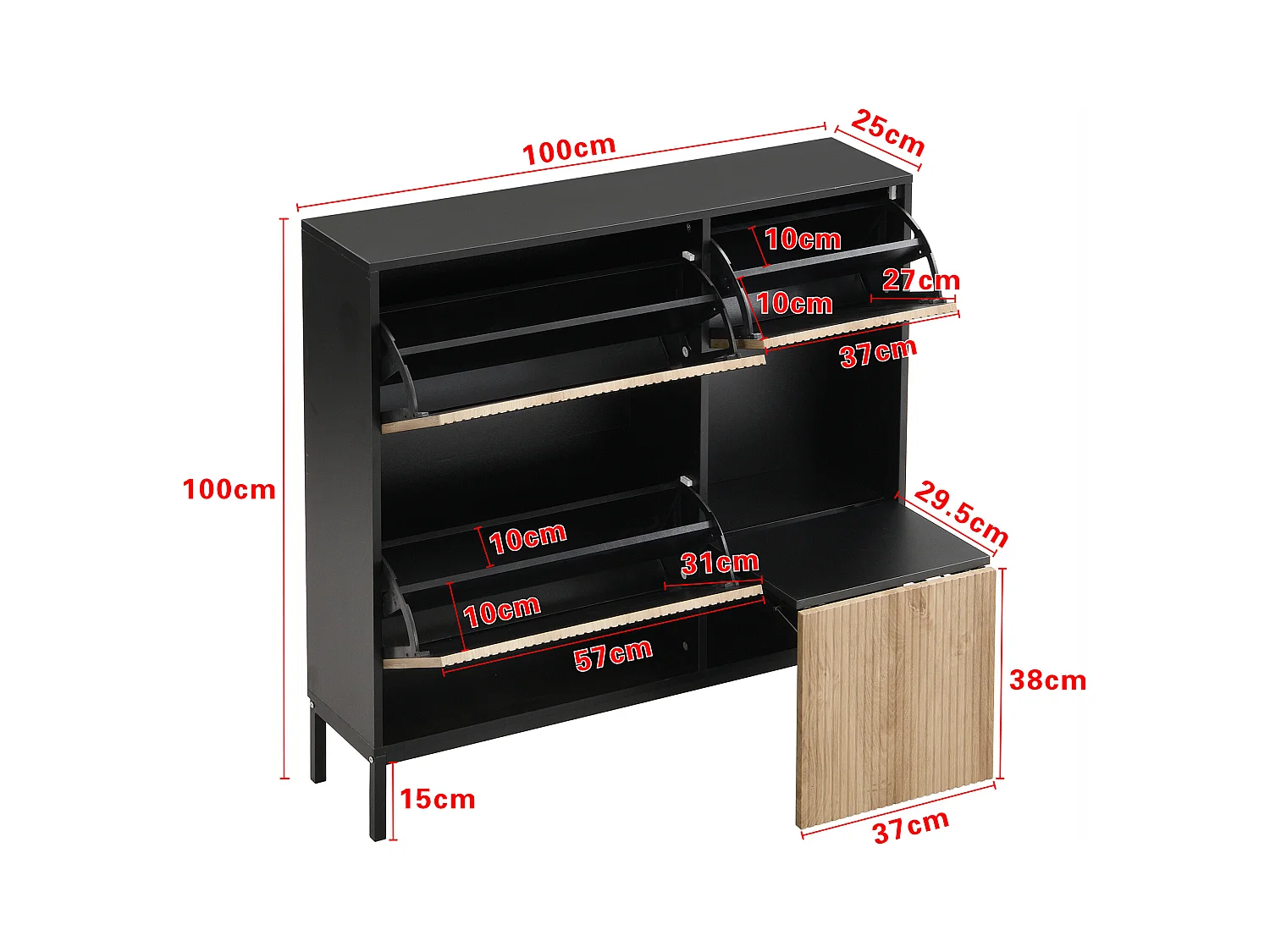 Armoire à Chaussures avec Tabouret à Langer étagère à Chaussures avec 3 Rabats , Noir