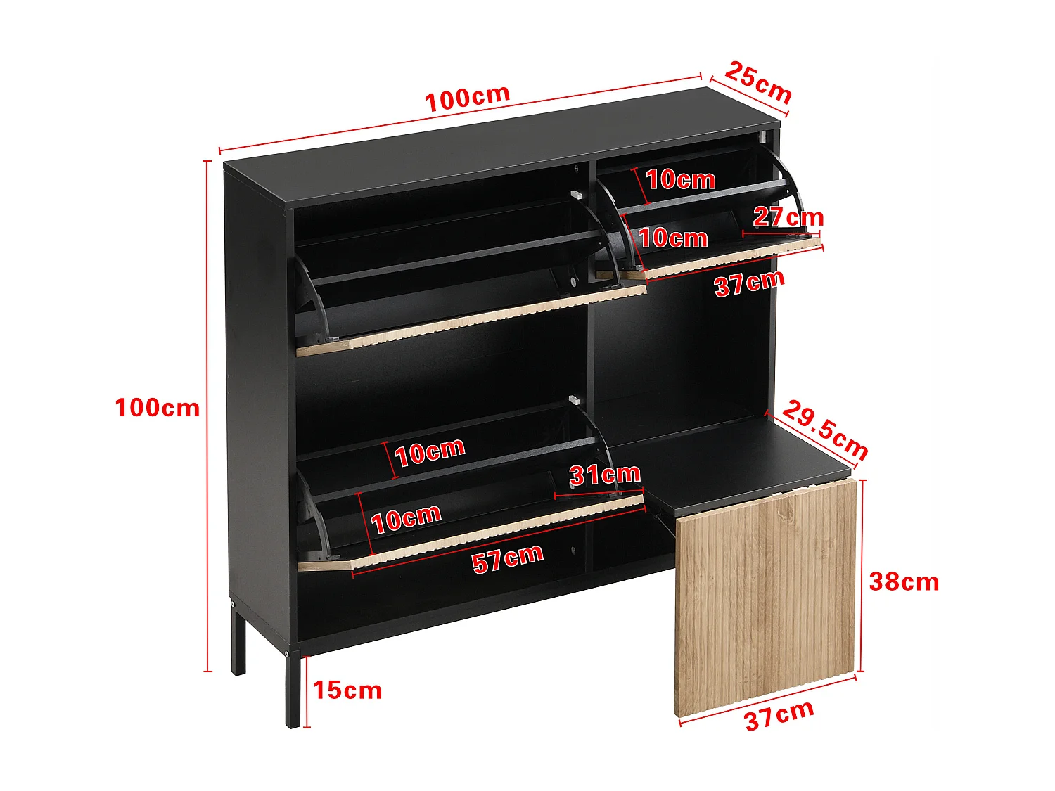 Armoire à Chaussures avec Tabouret à Langer étagère à Chaussures avec 3 Rabats , Noir