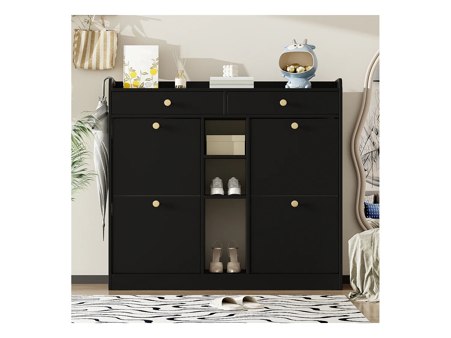 Elegante sapateira com 4 portas articuladas, 2 gavetas, 3 compartimentos abertos, preto