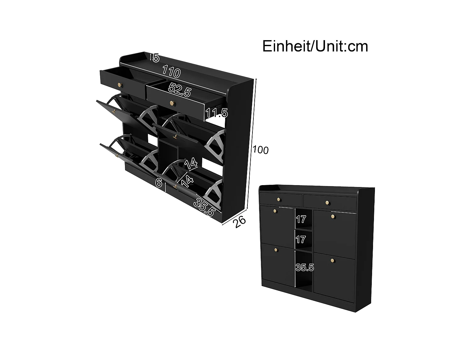 Elegante sapateira com 4 portas articuladas, 2 gavetas, 3 compartimentos abertos, preto