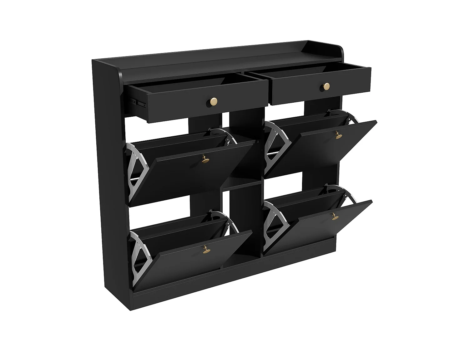 Elegante sapateira com 4 portas articuladas, 2 gavetas, 3 compartimentos abertos, preto