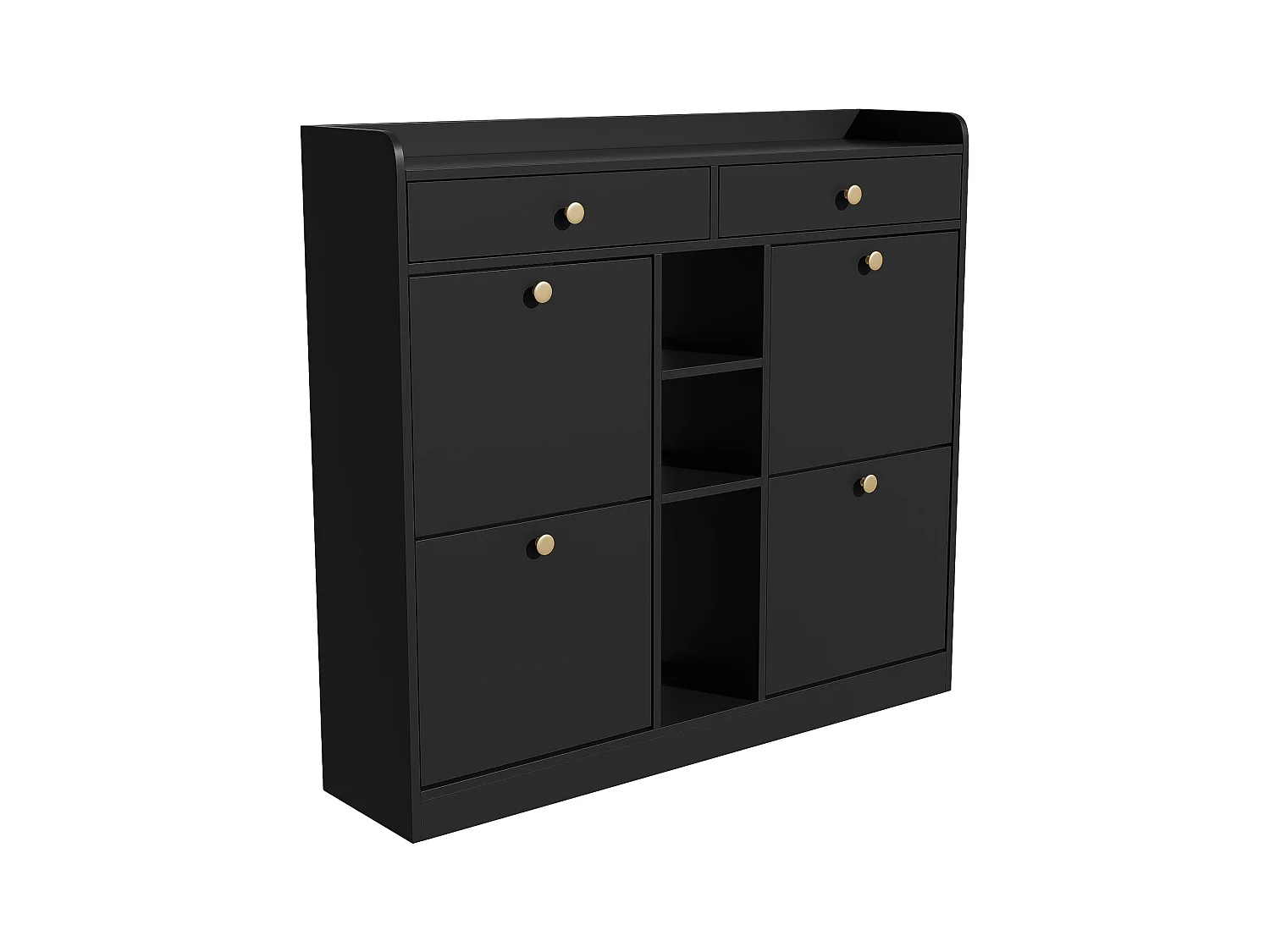 Elegante sapateira com 4 portas articuladas, 2 gavetas, 3 compartimentos abertos, preto