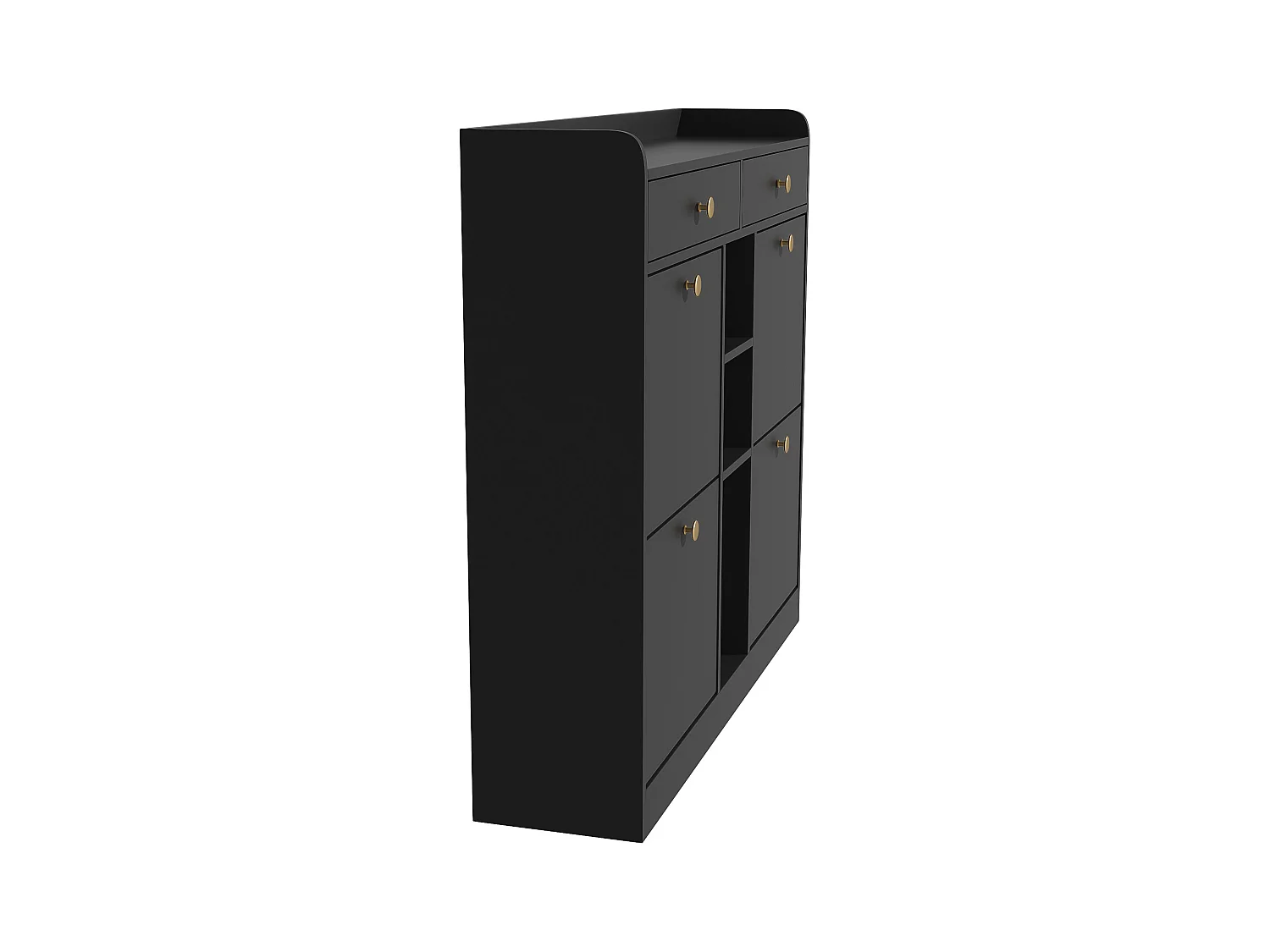 Elegante sapateira com 4 portas articuladas, 2 gavetas, 3 compartimentos abertos, preto
