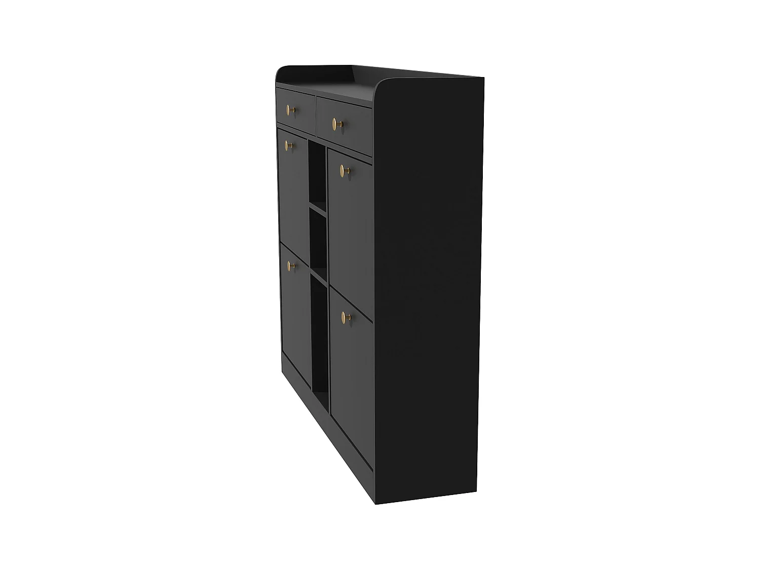 Elegante sapateira com 4 portas articuladas, 2 gavetas, 3 compartimentos abertos, preto