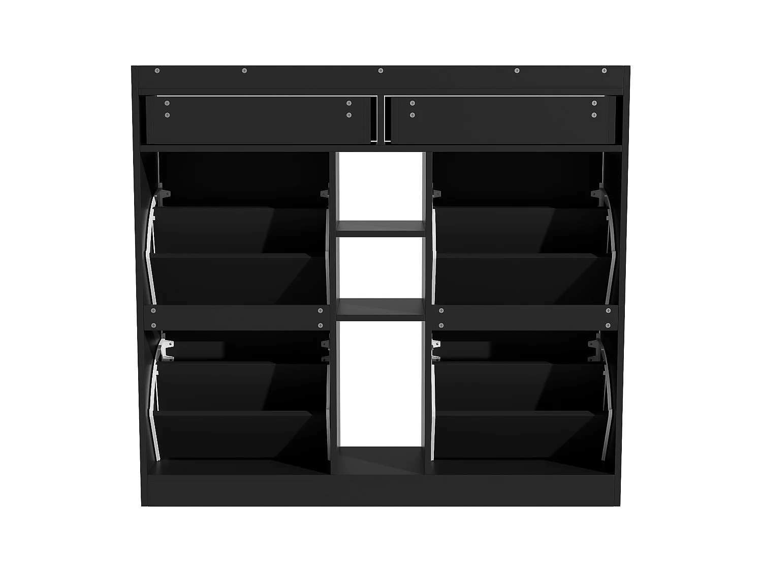 Elegante sapateira com 4 portas articuladas, 2 gavetas, 3 compartimentos abertos, preto