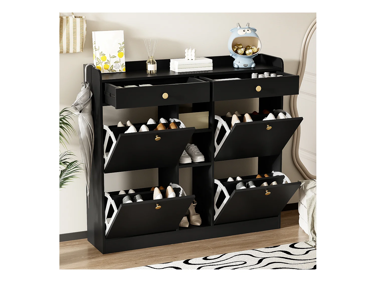 Meuble à chaussures élégant avec 4 portes battantes, 2 tiroirs, 3 compartiments ouverts, noir