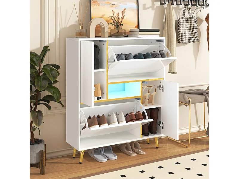 Zapatero moderno con frentes brillantes, puertas con estantes ajustables y luces LED de colores, color blanco.