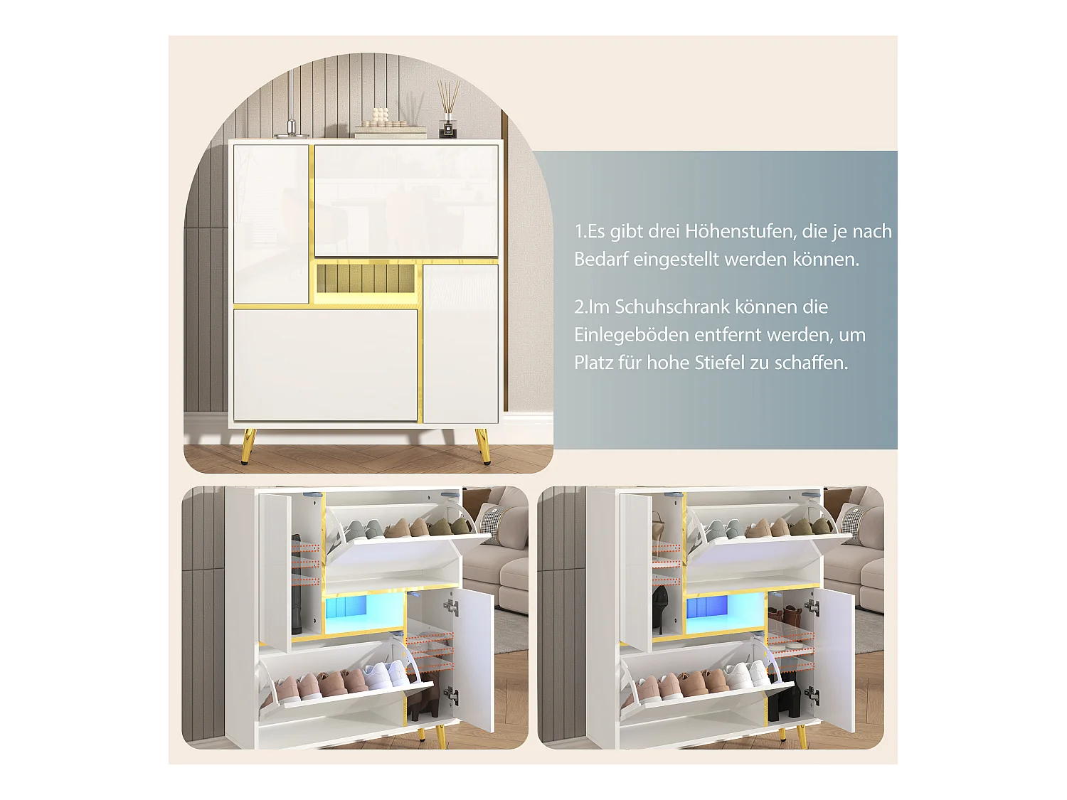 Armoire à Chaussures Moderne avec façades Brillantes,Portes à étagères réglables,LED Couleurs, Blanc