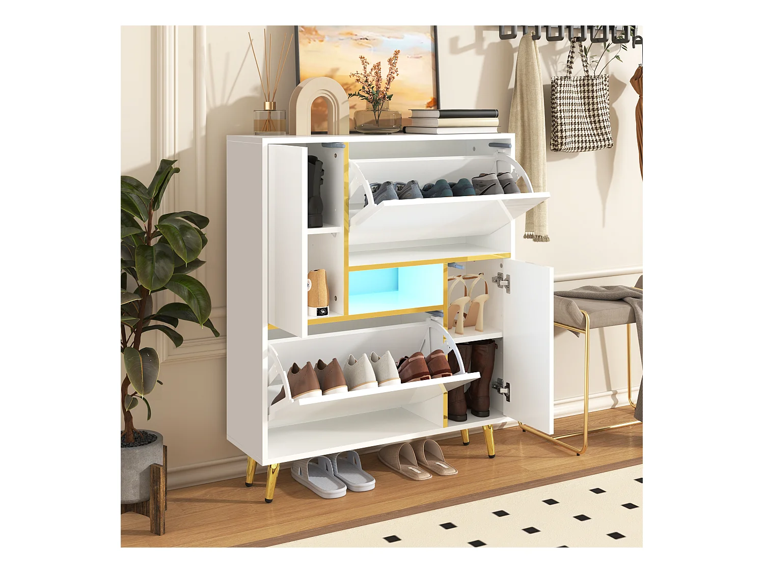 Armoire à Chaussures Moderne avec façades Brillantes,Portes à étagères réglables,LED Couleurs, Blanc