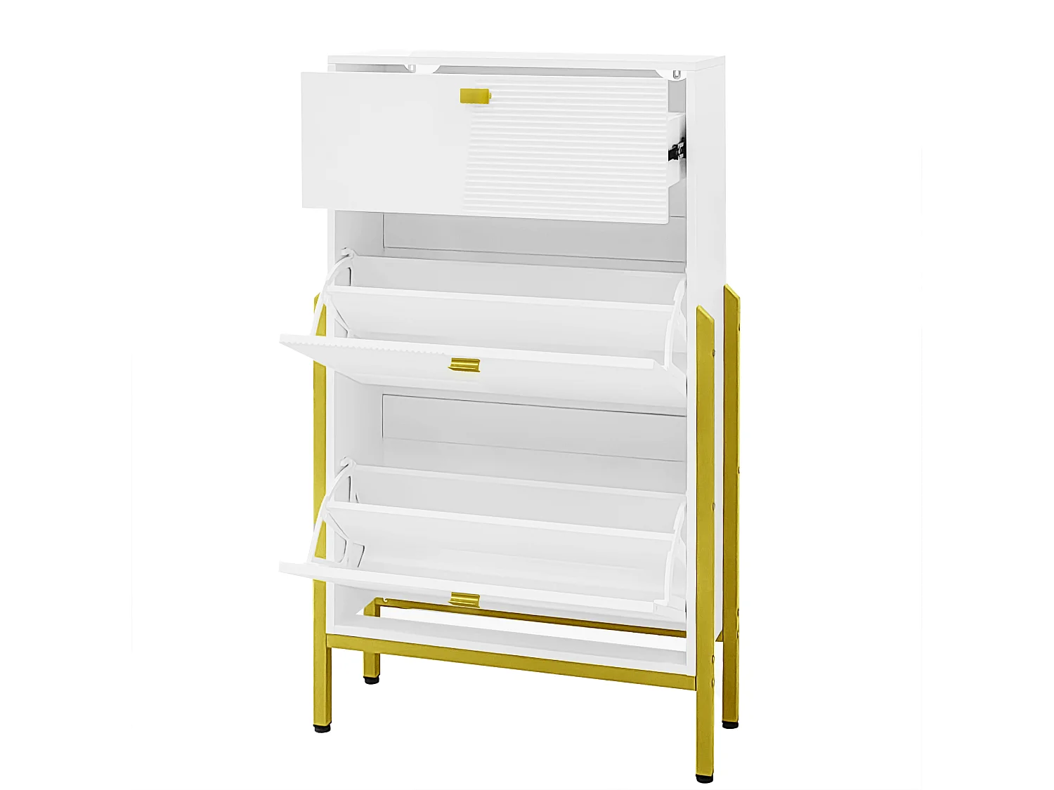 Zapatero multifuncional doble con asas doradas y patas doradas, color blanco