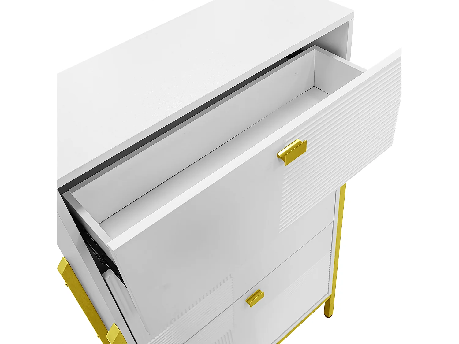 Zapatero multifuncional doble con asas doradas y patas doradas, color blanco