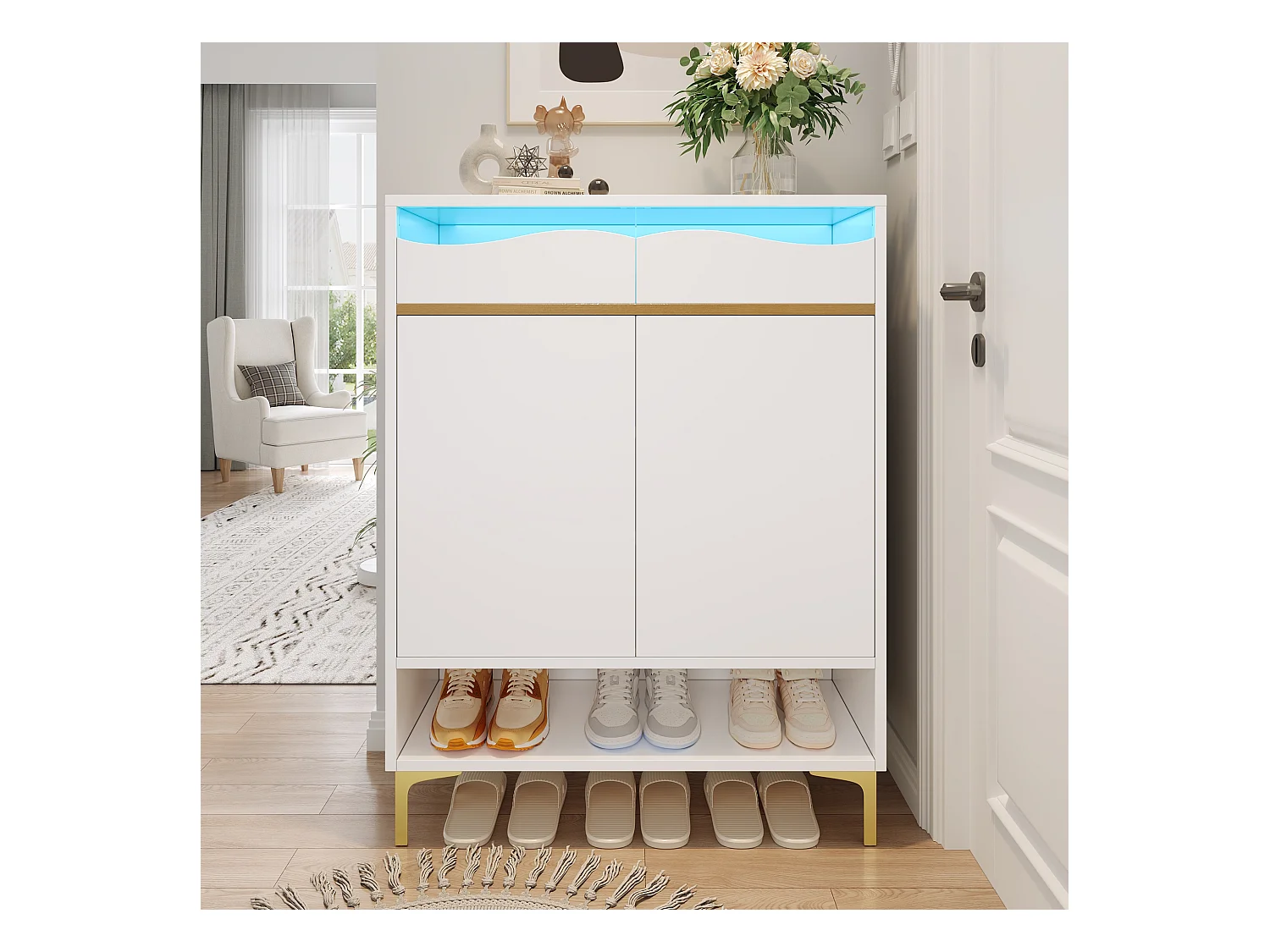 Armoire à chaussures blanc moderneavec LED et 2 tiroirs, design et éclairage pour couloir