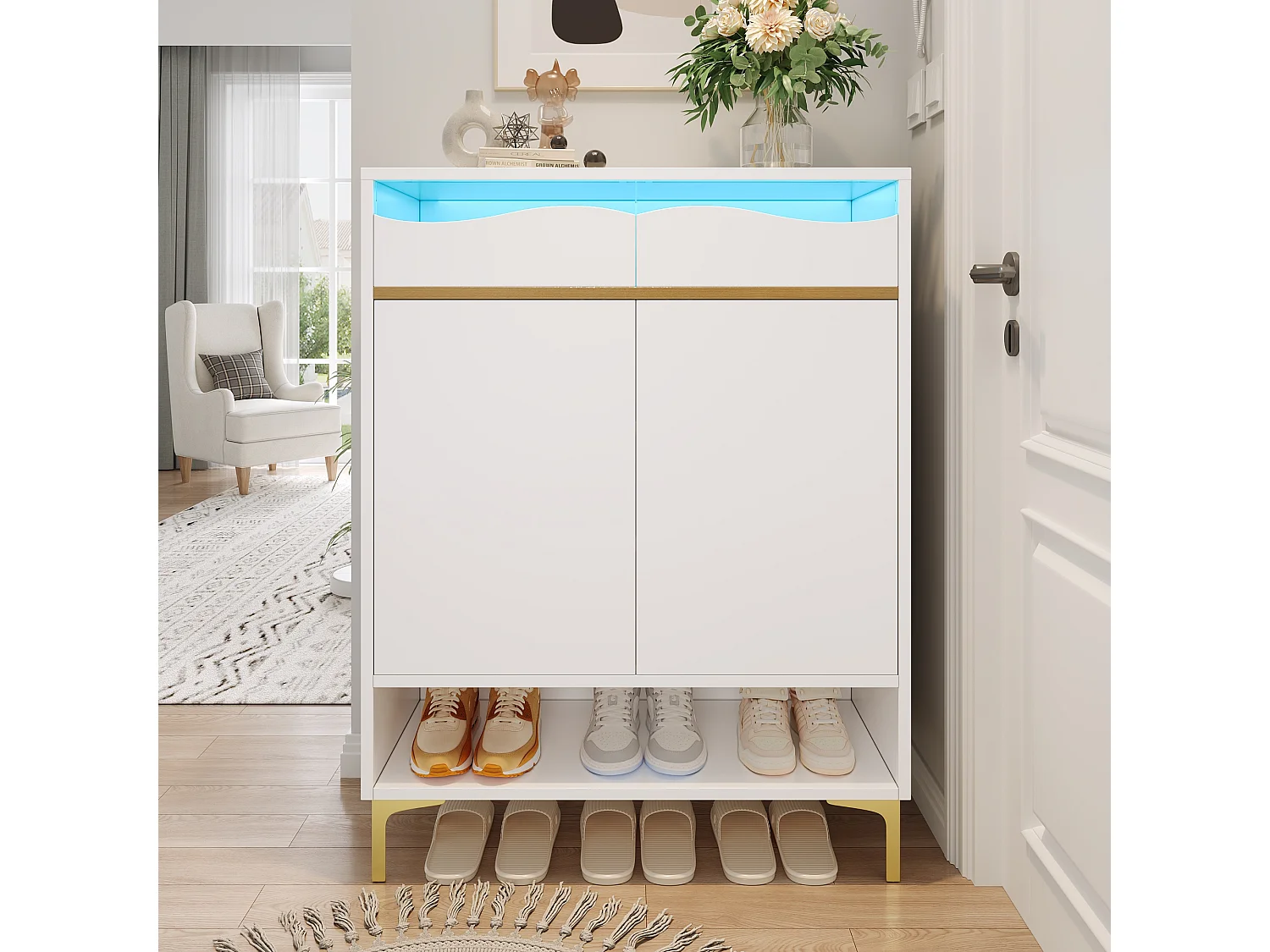 Armoire à chaussures blanc moderneavec LED et 2 tiroirs, design et éclairage pour couloir