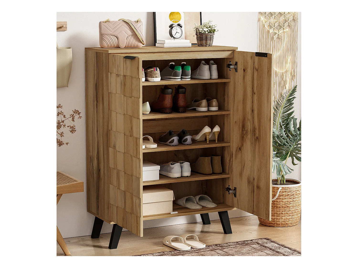 Armoire à Chaussures Moderne avec 5 Compartiments, Armoire de Rangement avec 2 Portes, Couleur Bois