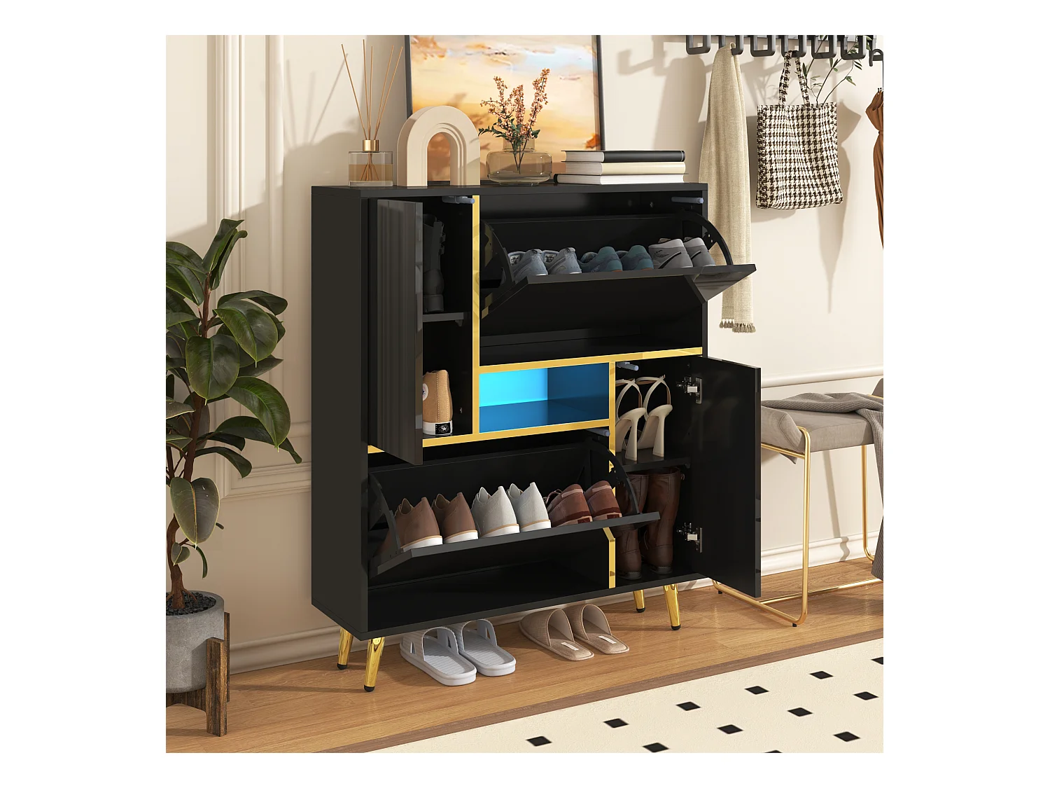 Armoire à Chaussures Moderne avec façades Brillantes,Portes à étagères réglables,LED Couleurs, noir