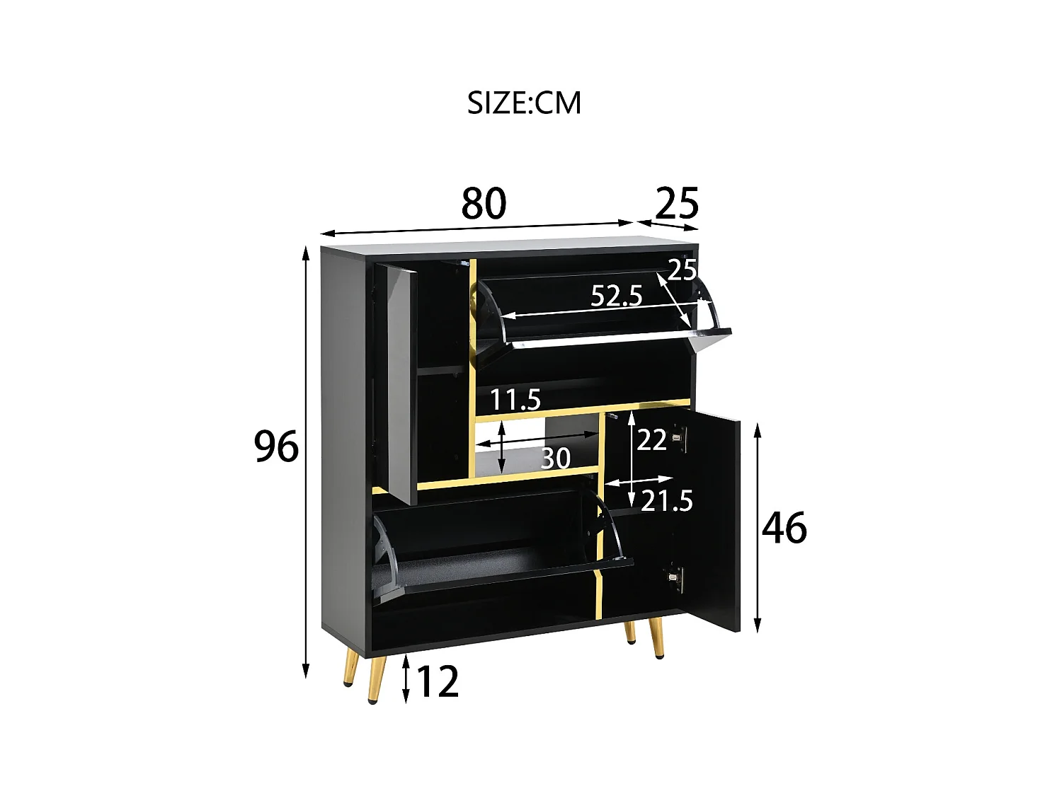 Armoire à Chaussures Moderne avec façades Brillantes,Portes à étagères réglables,LED Couleurs, noir
