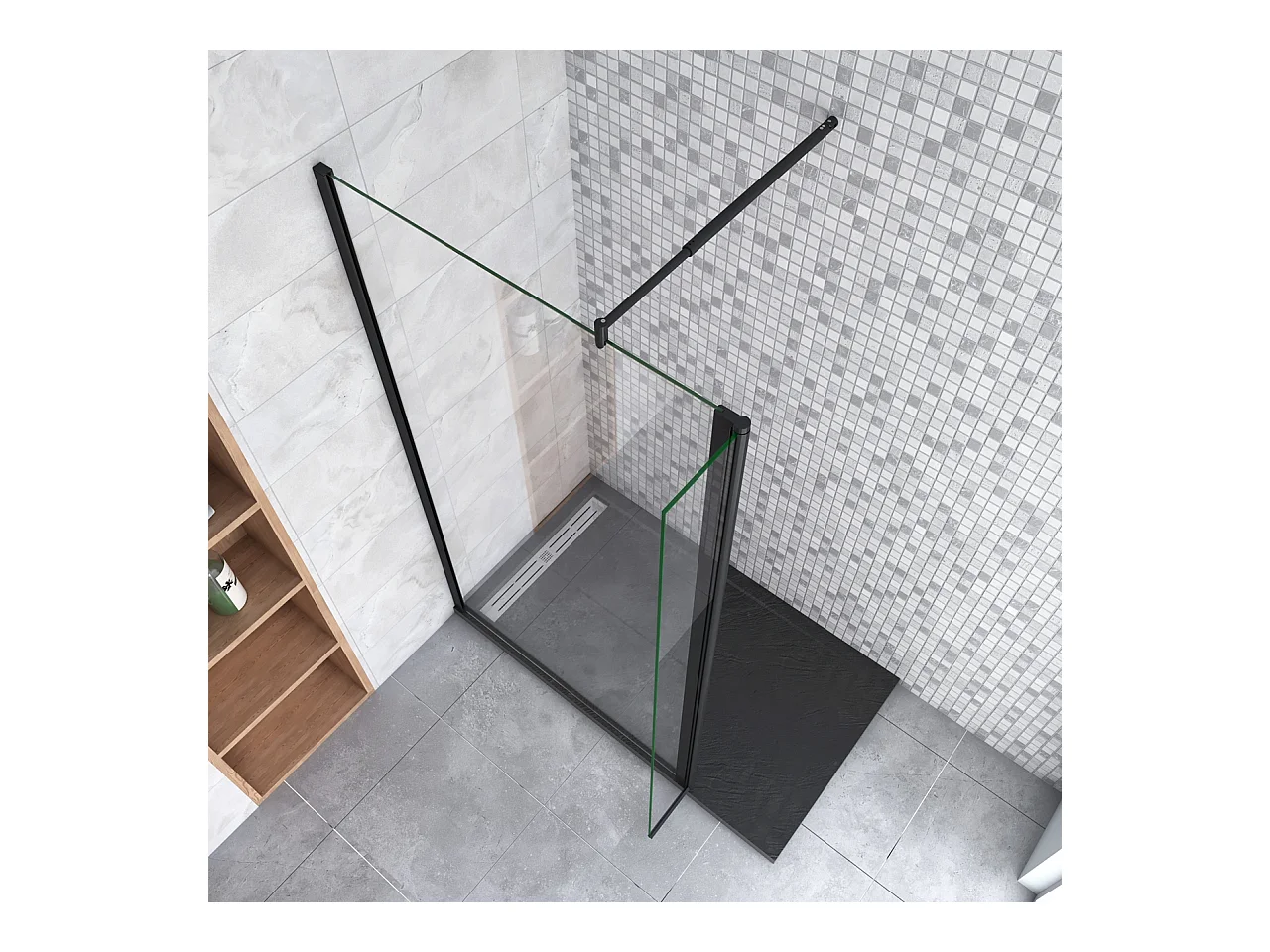 Inloopdouche-douchewand-walk in 10mm NANO EasyClean veiligheidsglas，40x200cm+30x200cm draaibaar hoekprofiel 70-120cm Stabilisatiestang,mat zwart aluminium profiel.