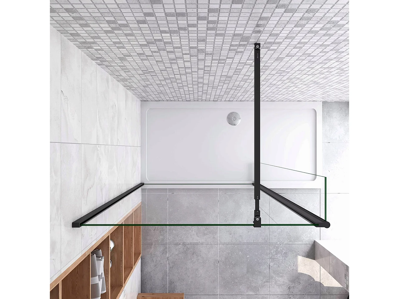 Inloopdouche-douchewand-walk in 10mm NANO EasyClean veiligheidsglas，30x200cm+40x200cm draaibaar hoekprofiel 73-120cm Stabilisatiestang,mat zwart aluminium profiel.