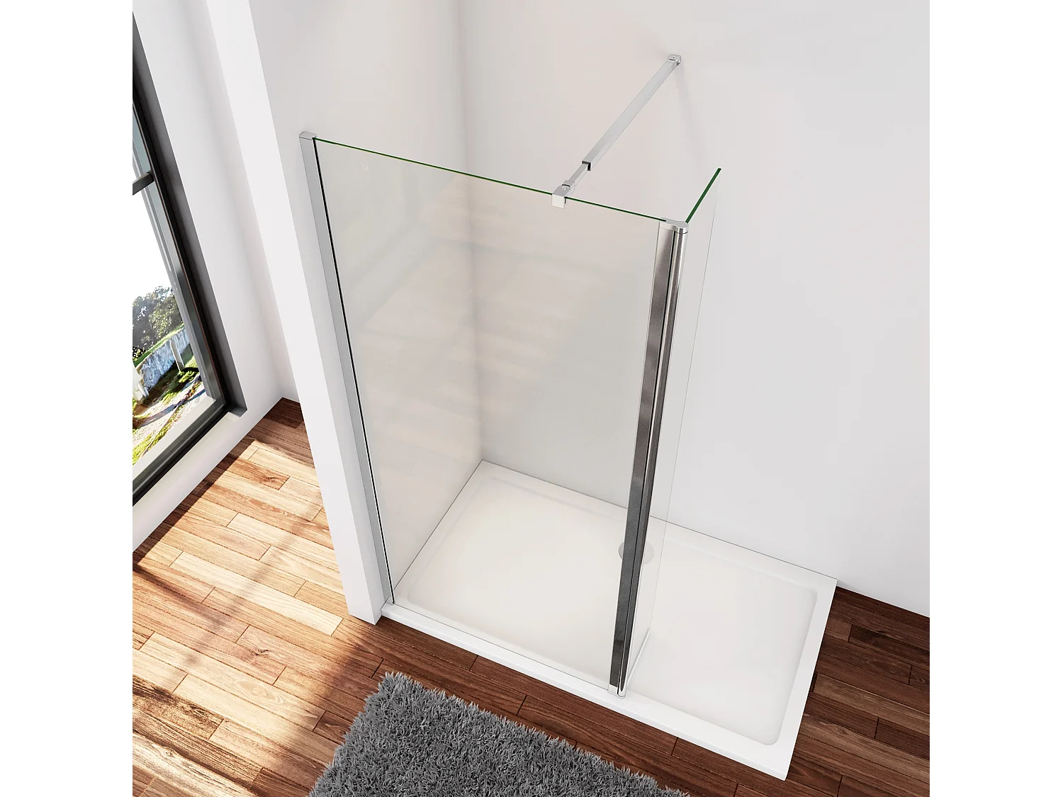 Inloopdouche-douchewand-walk in 10mm NANO EasyClean veiligheidsglas，30x200cm+30x200cm draaibaar hoekprofiel 73-120cm Stabilisatiestang,glanzend chroom profiel
